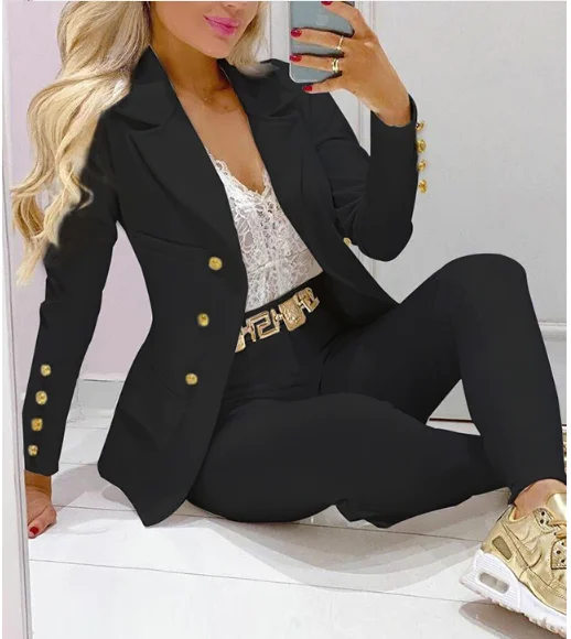 Женский офисный костюм из 2 предметов, блейзер на пуговицах с длинным рукавом и брюки, весна-осень 2021