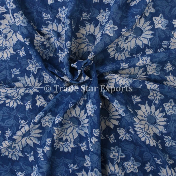 Этническая ткань цвета индиго с цветочным принтом ручной работы ярда санганери 100% хлопчатобумажная вуаль для изготовления платья