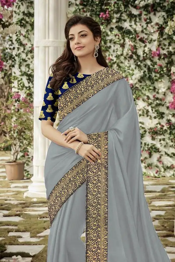 Plain Silk Saree with Printed Lace Border Work for Ladies Casual Wear Party Wear Saree