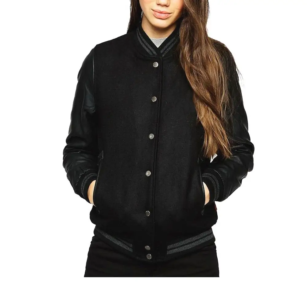 TeesTheDay Unisex Letterman Varsity Jacket For Women Black Varsity Jacket For Women