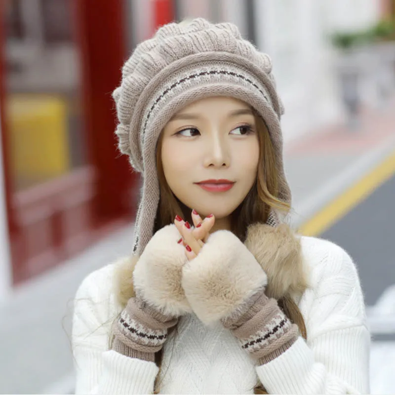 Source Woman Cute Style Winter Hats Cover Ear Ladies Knitted Hat with Fur  Ball Decoration with Gloving Set on m.