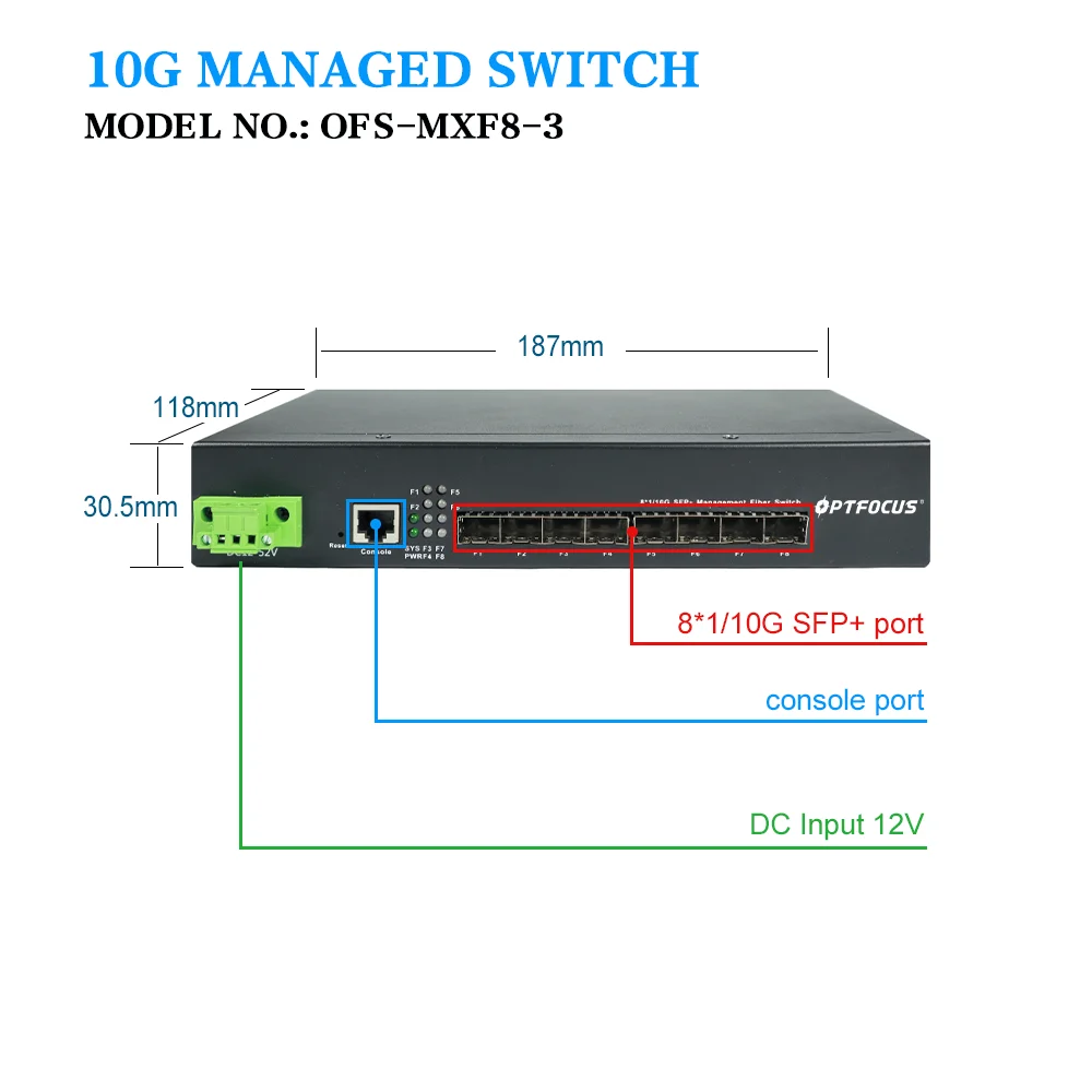 Optfocus 10 GE SFP Port Fiber Switch - 8 Port Managed Ethernet