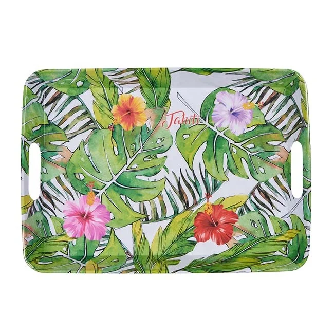 Plant Pattern Custom Logo Colorful Food Preservation Tray Plastic Melamine Serving Trays for Lunch Dinner Breakfast