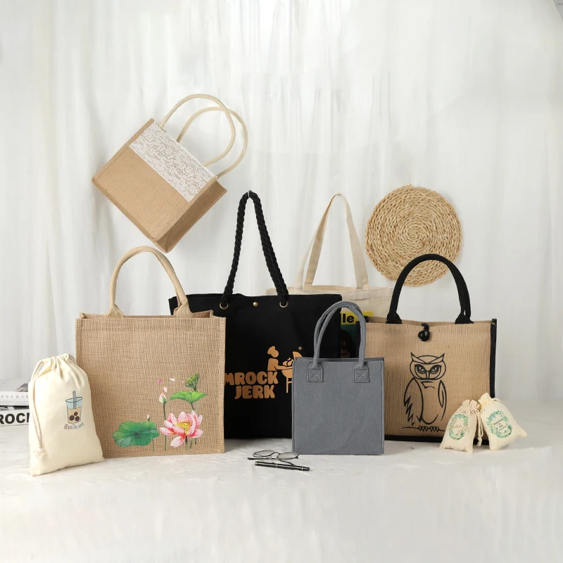 Natural Burlap Custom Logo Printed Tote Bags Reusable Jute Shoulder Bag Shopping With Zipper