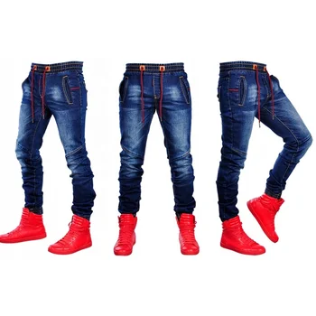 Fashion Men's Elastic Waist Denim Pants Stretch Slim Fit Jeans