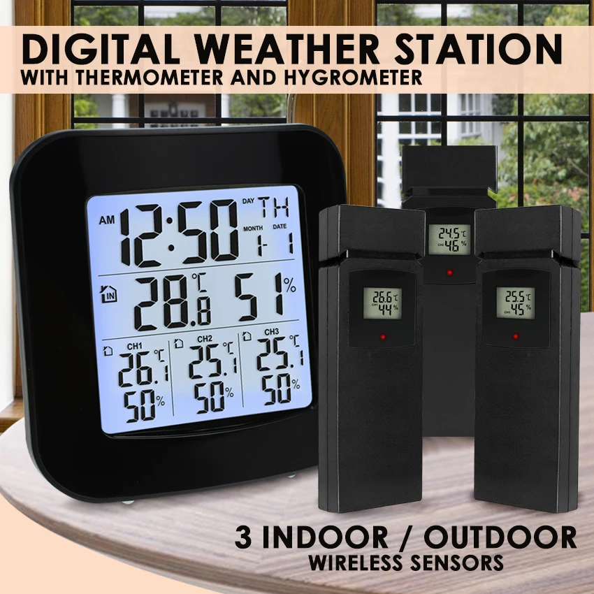 LCD Electronic Digital Temperature Humidity Meter Indoor Outdoor Thermometer  Hygrometer Weather Station Clock 0~50