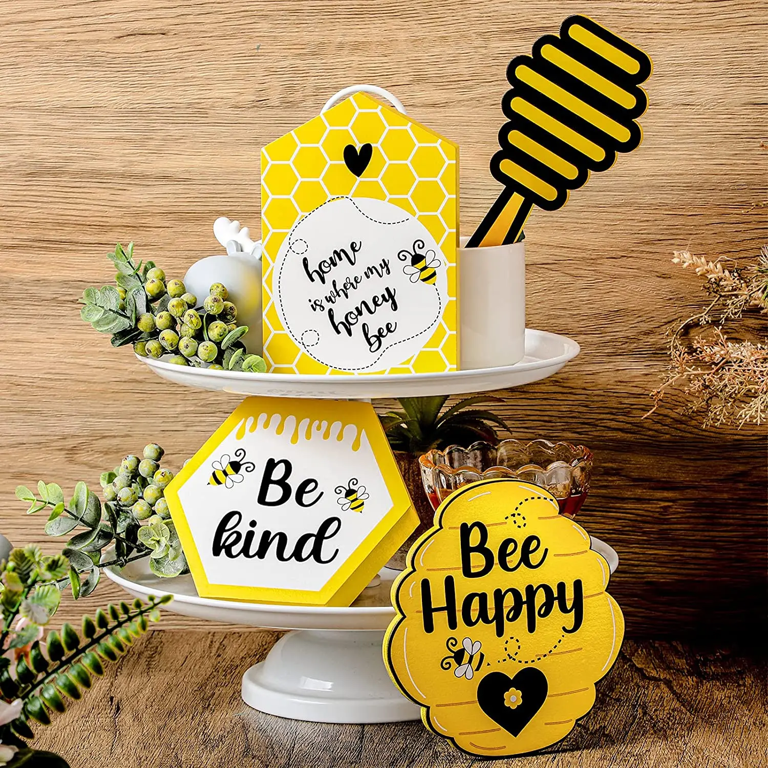 7 Pieces Bee Decor for Home Tiered Tray Decor Honey Bumble Decor Bee Wood Signs for Farmhouse Decoration (warm Bee Styles), Size: 15, Other