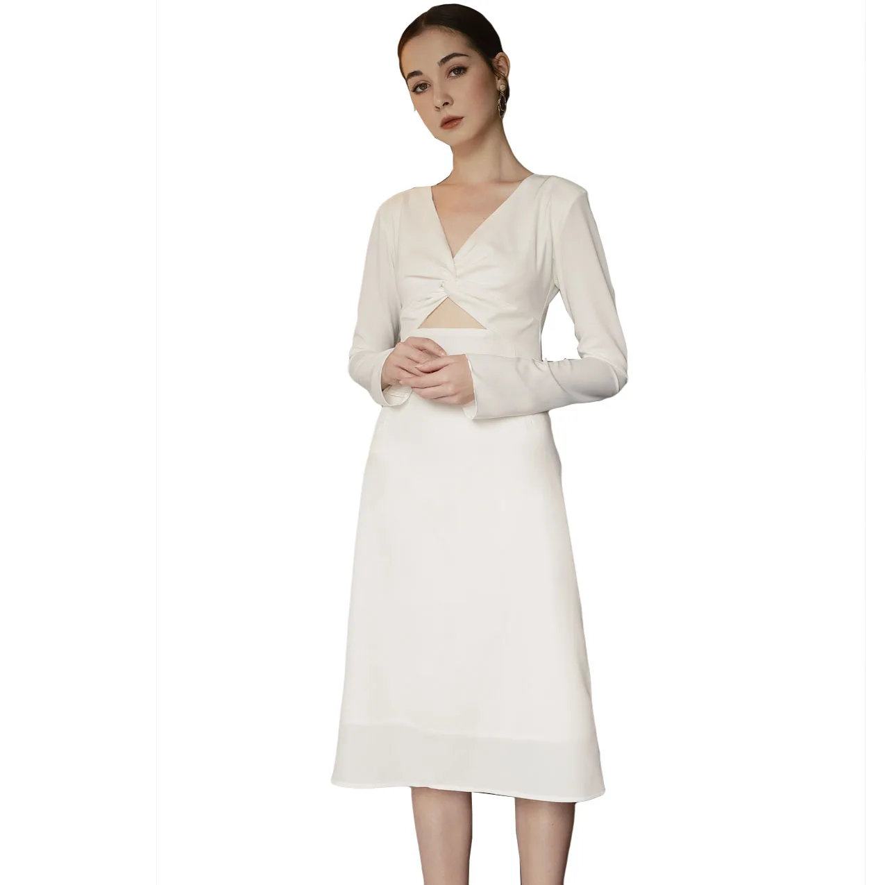 Women's A-Line Chiffon Solid Midi Dresses with Zippers Long Sleeve Natural Waistline Casual & Party Wear Made in Vietnam