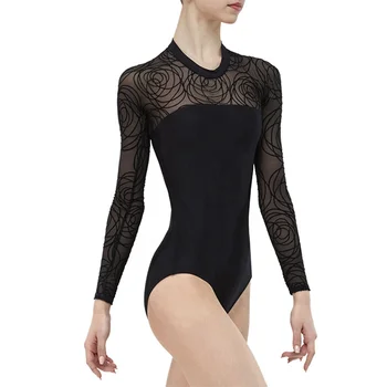 Standard Ballet Leotard Long Sleeve Stand Up Collar Matching Lace Mesh Loop Back Twisted Line Dance Wear for Adults and Kids