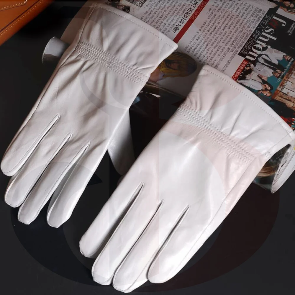 Men's Leather Shrink Wrist Tactical Short White Driving Gloves