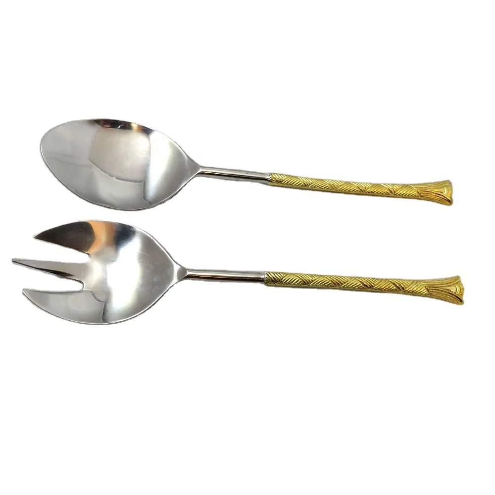 Stainless Steel Salad Bar Serving Set Brass Embossed Handle Salad
