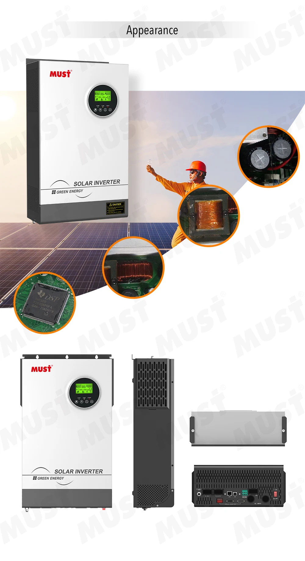 Must Hybrid Solar Inverter Pv18 5248 Pro 52kw 48vdc Can Work With Battery Or Without Battery 7180