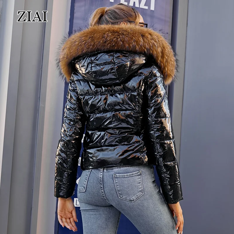 Faux Fur Hood Shiny Black Puffer Jacket Women's Long Padded