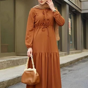 New Season Women's Front Frilly Tunnel Belt Dress Islamic Clothing Abaya Kaftan Arab Muslim Islamic Fashion Turkish Quality