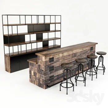 Vintage Loft Bar Counter 3D Model Loft Bar Table Commerical Restaurant Furniture