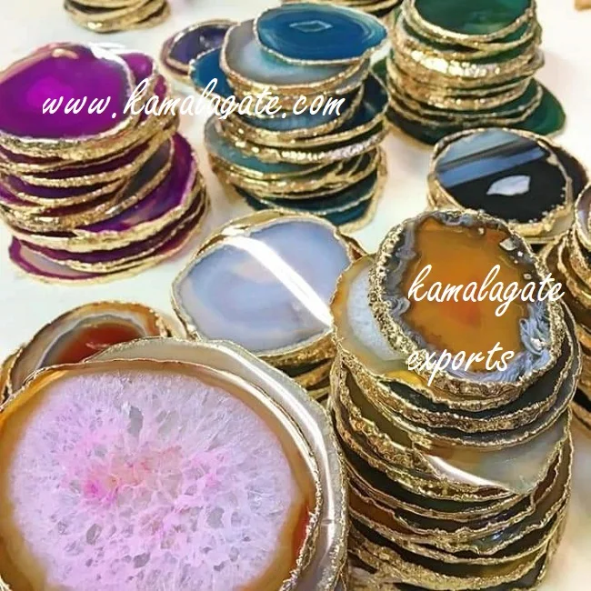 Wholesale Wholesale Assorted Agate Coasters with Golden Electroplated Trim Semi-Precious Stone Crafts for Table Home Decoration for Sale semi-precious stone craft