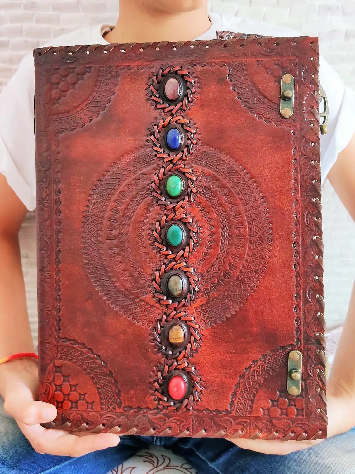 Seven Stone Chakra Leather Bound Journal With Lock,Embossed Vintage Leather Grimoire Notebook