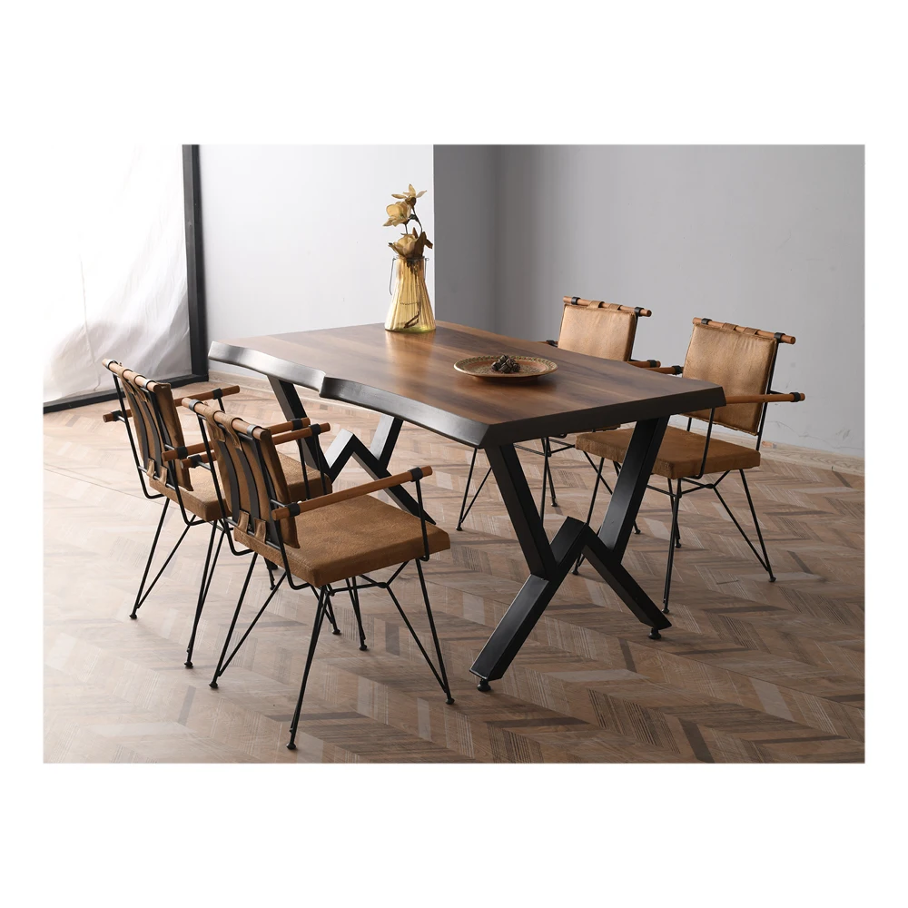 Portable Natural Solid Wood Log Metal Legs Dining Tables And Chairs Set Buy Dining Table