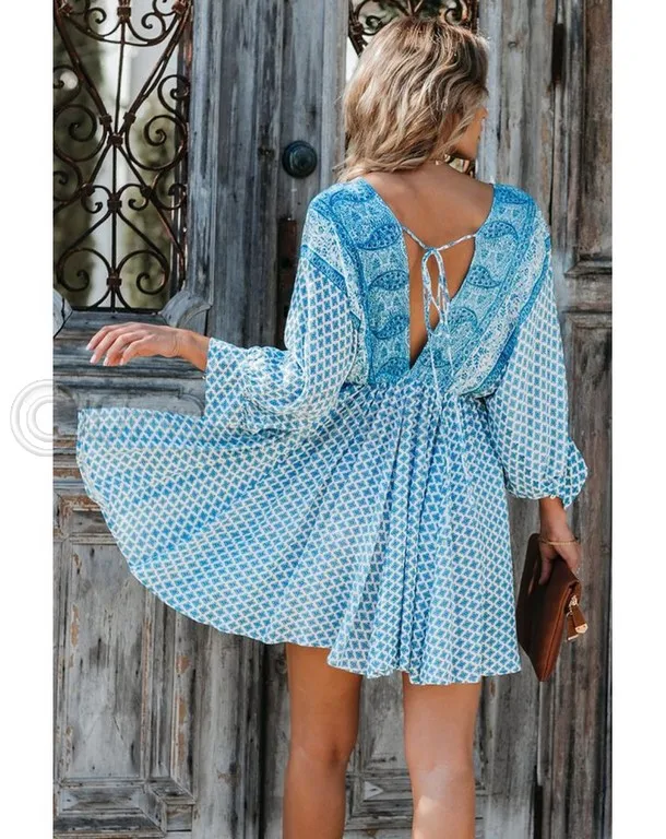 Spring New Product V-Neckline With Yoke Crochet Lace High Waist Short Holiday Beach Party Short Tunic Printed Casual Dresses