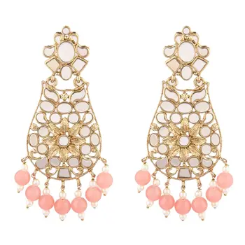 Indian Bridal Earrings Jewellery Crystal Glass Stone Faux Pearl Dangle Drop Earrings Jewelry, Pink