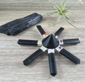 BLACK TOURMALINE 7 POINT ENERGY GENERATOR WITH BLACK CONICAL PYRAMID HANDICRAFT BUY AT WHOLESALE RATE