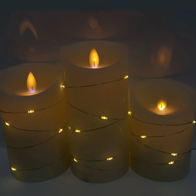 Flickering Flameless Candles Ivory Real Wax Pillar With Embedded String
