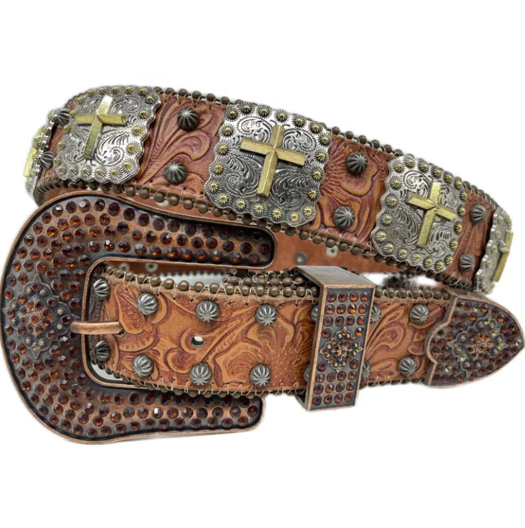Rhinestone Western Cowgirl Bling Studded Design Cross Concho Belt