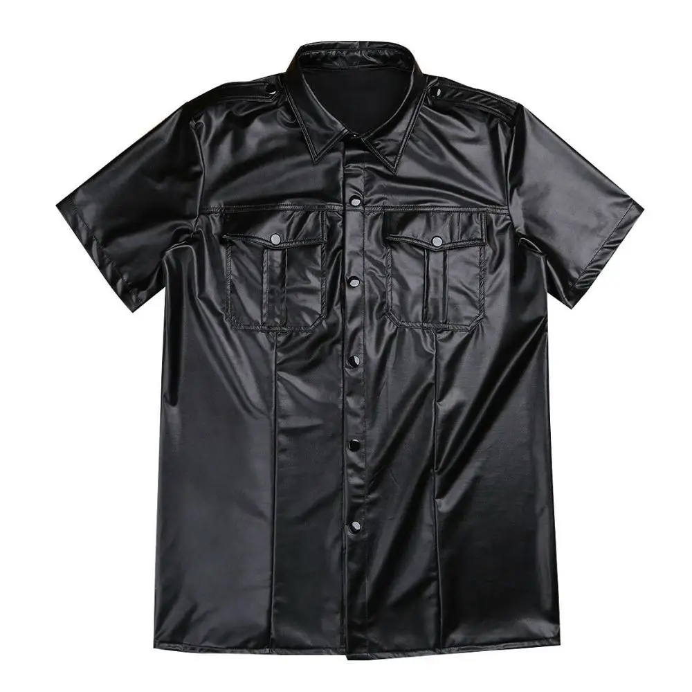 Mens Leather Shirt Short Sleeve Shirt 