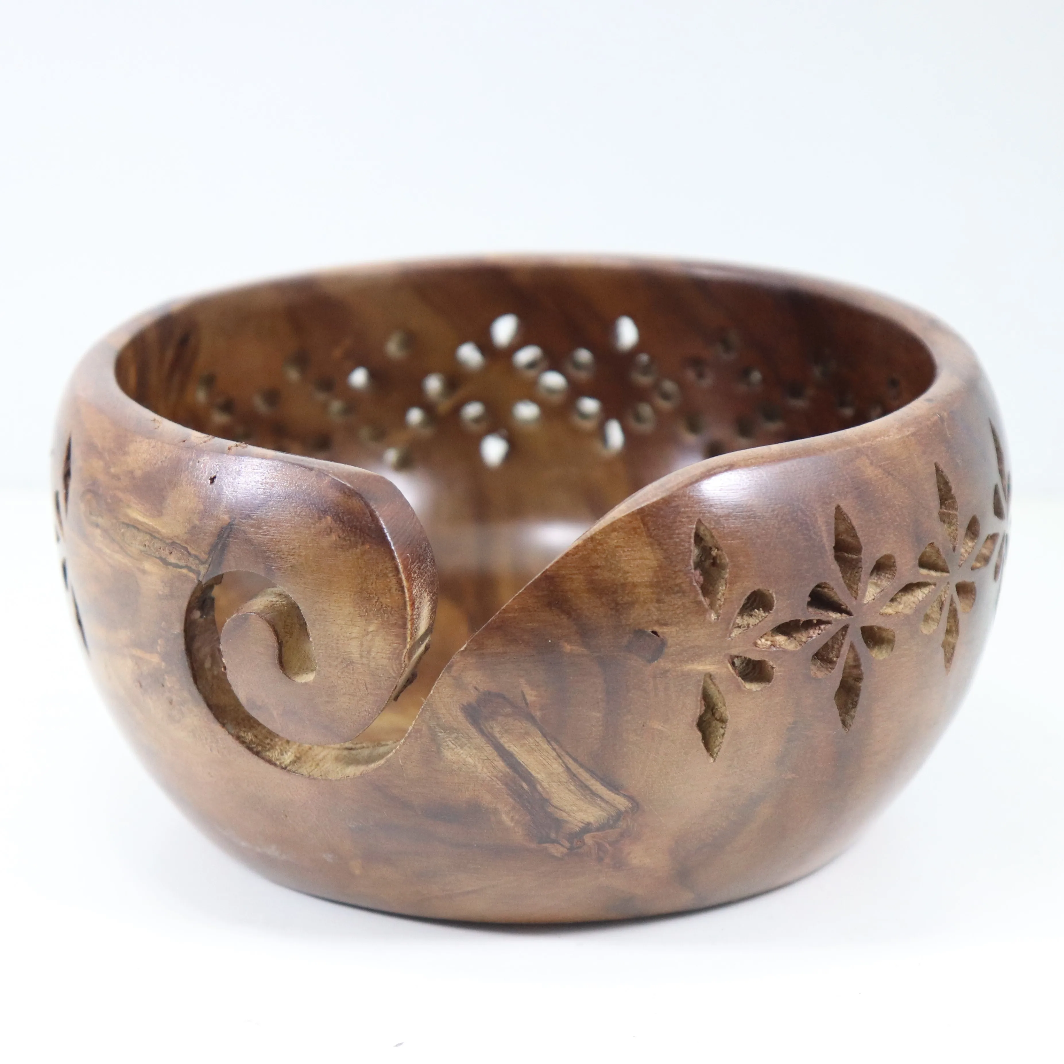 Large Oval Wooden Yarn Bowls For Knitting, Acacia Multi Hole Crochet