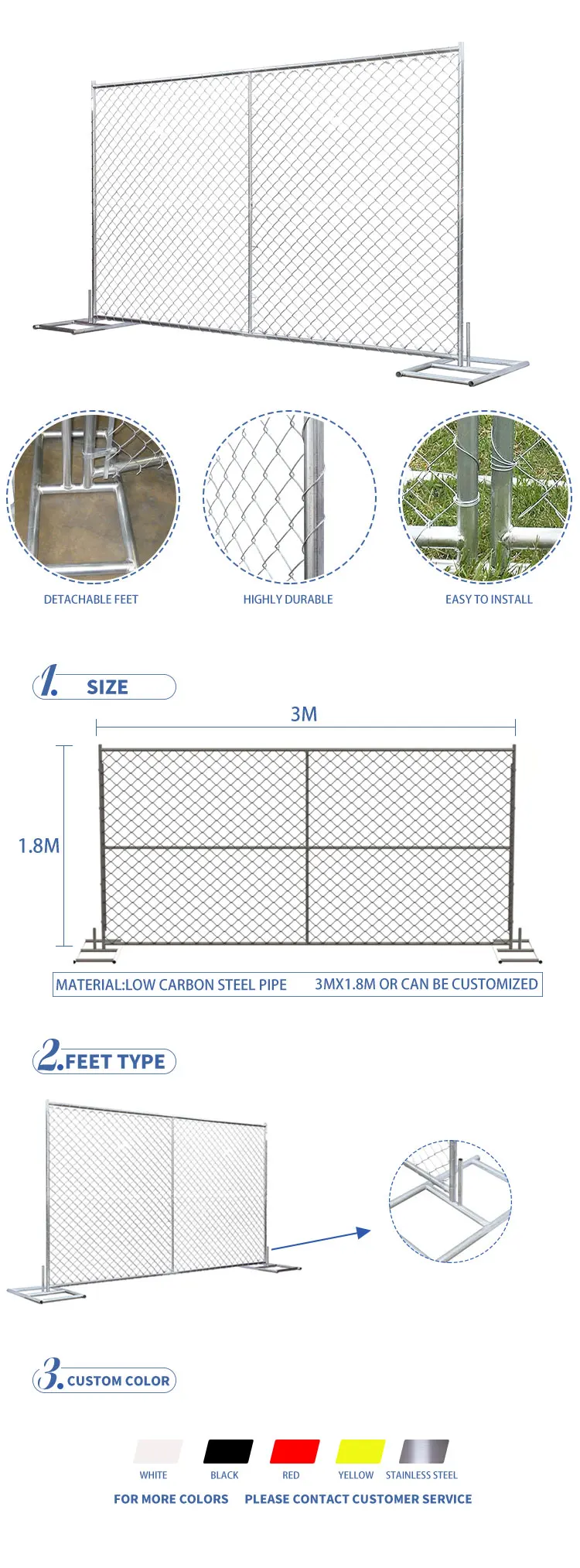 72" tall x 144" width /6'x12' temporary chain link fence 1.625' tube wall thick 1.2 1.6mm and 1.8mm etc