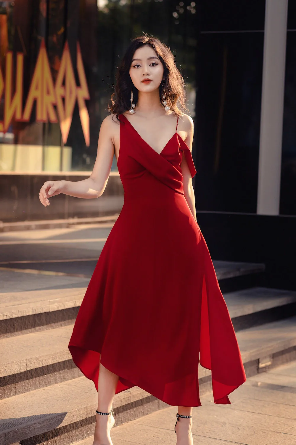 New Arrivals Solid Chiffon Cross V Neck Natural Waist Burgundy Maroon Midi Dresses Women Party Prom Night Zippers Asymmetrical
