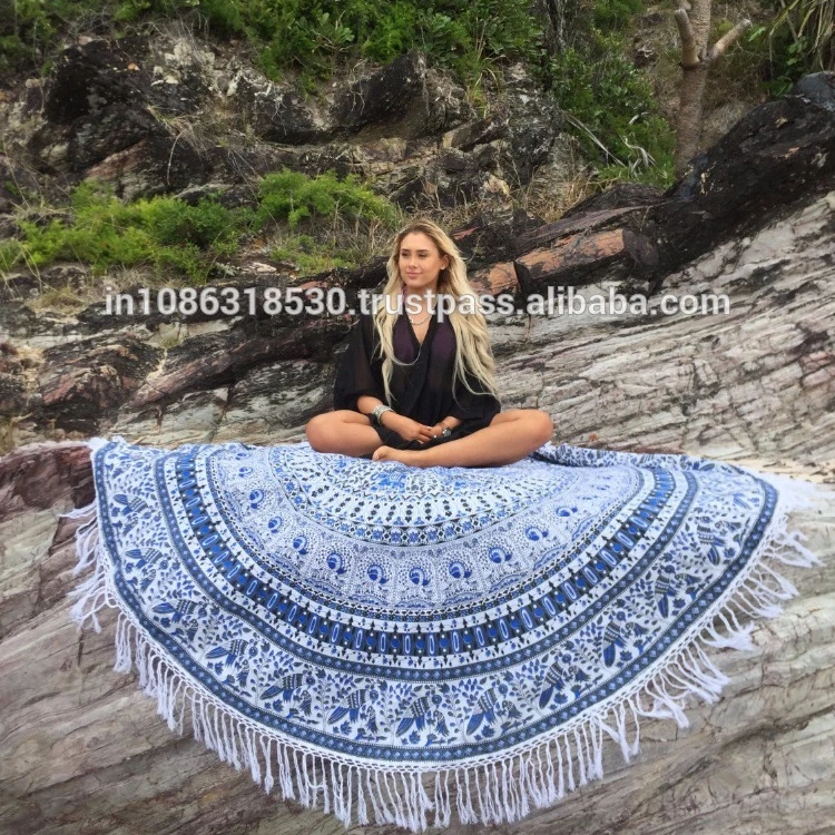 Blue Mandala Tapestry Round Yoga Mat Boho Beach Throw Blanket Wall Hanging Decor 