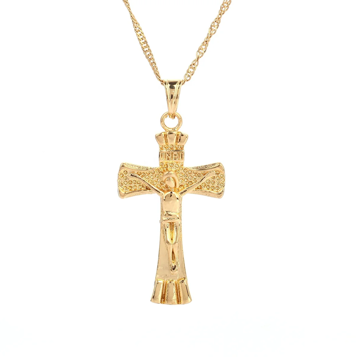 Yellow White Rose Gold Jesus Nazareth INRI Thin Crucifix S M L Pendant Necklace 