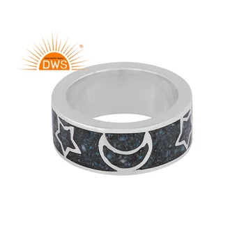 New Arrival Sterling Silver Star & Moon Designed Band Ring Arizona Turquoise Inlay Gemstone Ring Wholesale Silver Jewelry