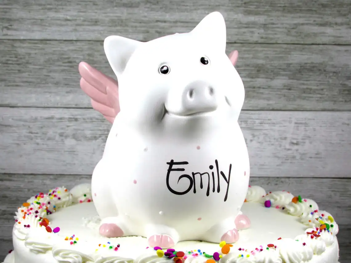 Adorable Piggy Bank in Pink Ceramic Coin Storing Piggy Bank with Wings Birthday Cake Topper for Girls