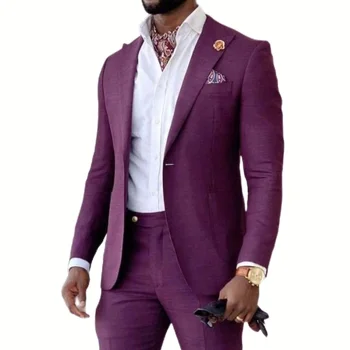 Mens Stylish Purple Suit 2 Piece Tuxedo Suit Bespoke Wedding Party Wear Dinner Jacket Coat Pants Peak Lapel One Button Suit