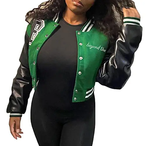 Sunisery Women Varsity Baseball Jackets Faux Leather Long Sleeve Zip Up  Cropped Bomber Jacket Coat Aesthetic Jackets Top Green M 