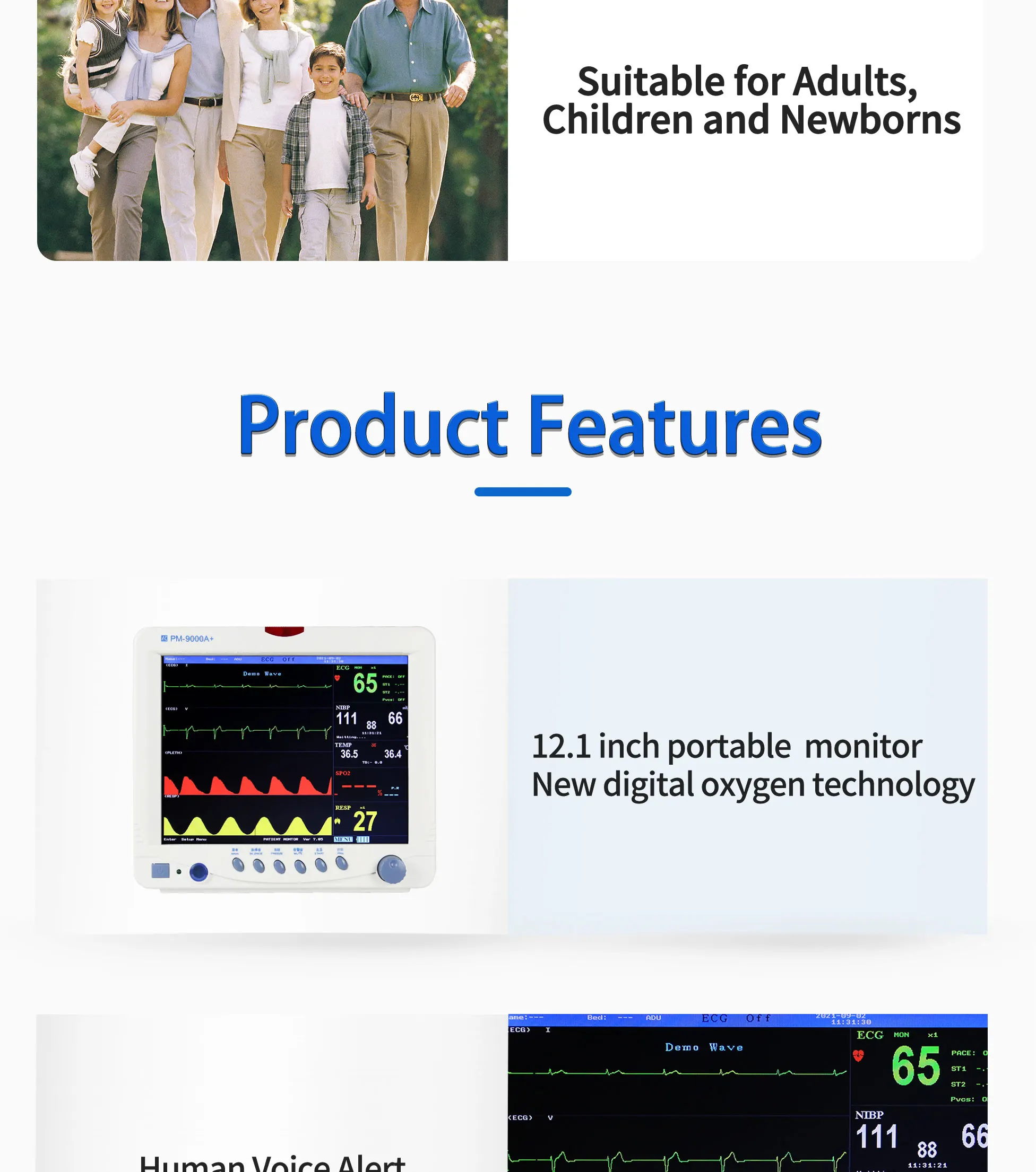 Patient Monitor with 1-7 Level Audio/Visual Alarming Arrhythmia Analysis and Anti-ESU Multi Parameter Bedside Monitor