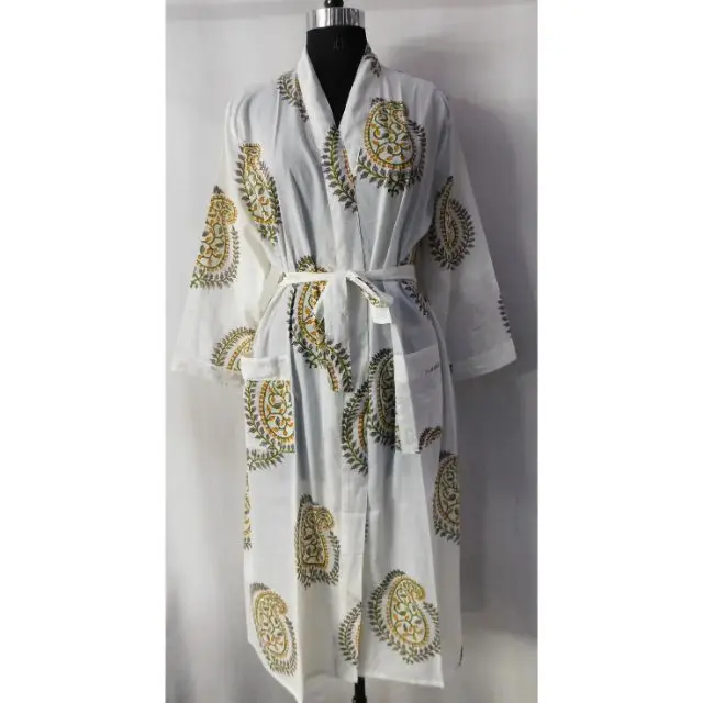 Designer Long Kimono Cotton Green Floral Print Bathrobe Nightwear Gown Intimate Sleepwear Block Print Bridal Dressing Gown Beach Dress New
