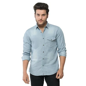 Men's Denim Shirt Long Sleeve Turn Down Collar Light Blue Color Quick Dry Slim Fit Shirts For Sale