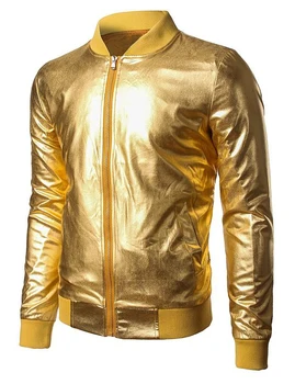 100% polyester satin baseball jacket / satin bomber jacket for unisex Golden PU leather men jacket
