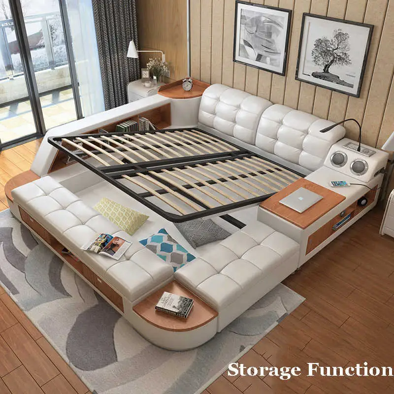 Bedroom Furniture Modern Design Leather Bed Frame Solid Wood Leather
