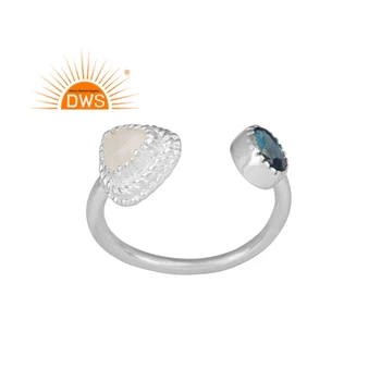 925 Fine Sterling silver natural London blue topaz and Rainbow moon stone gemstone adjustable ring jewelry manufacturer
