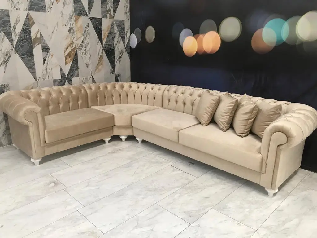 L Shape Modern Chesterfield Blue Fabric Sectional Sofa Storage Solid ...