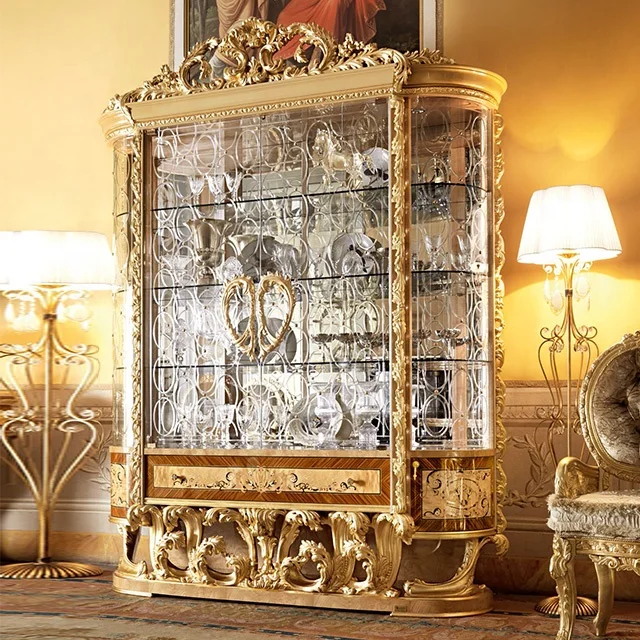 Grand Palace Living room furniture Gold Royal Hand Made Carved Wood Italian Classic style Antique Luxury Glass Cabinet Display
