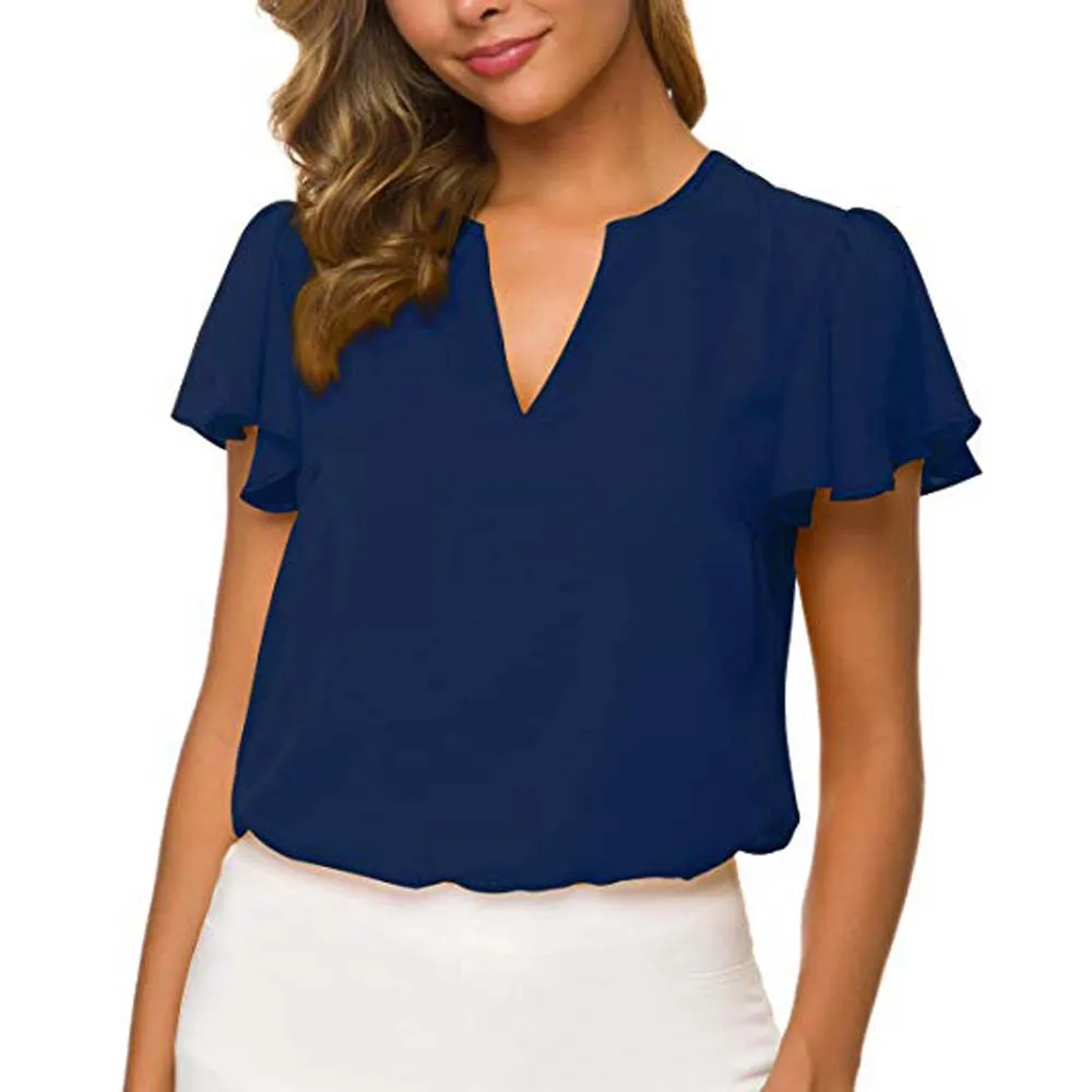 ENCOCO Womens Casual Short Ruffle Sleeve Chiffon T Shirt Round Neck Blouse Tops 