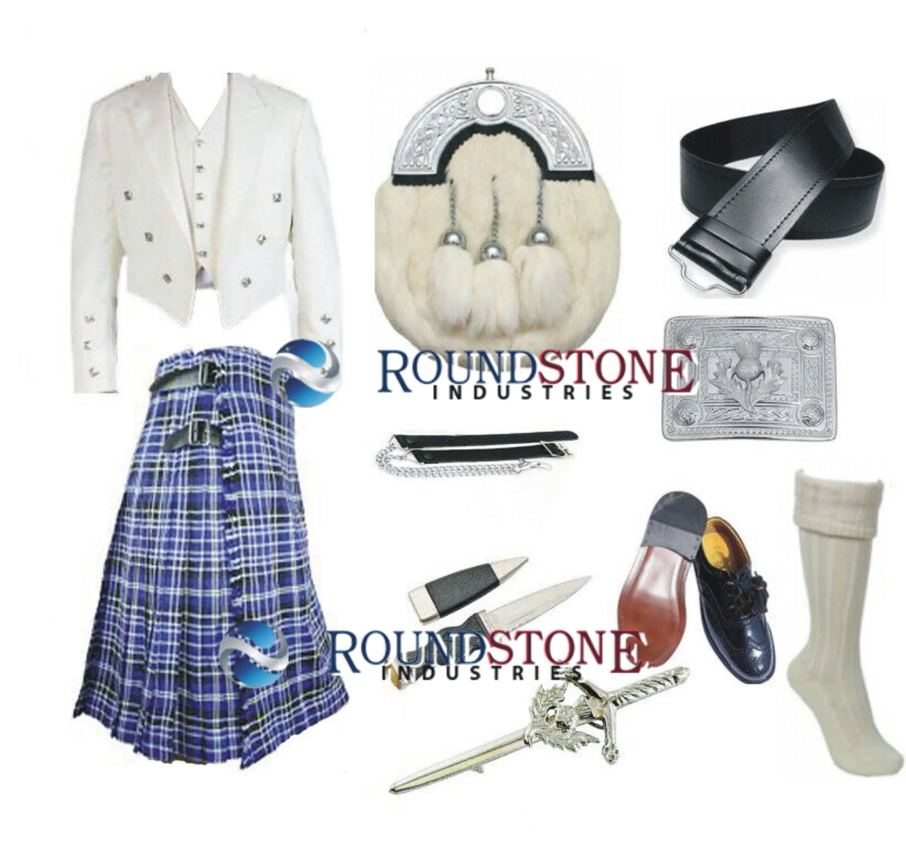 Clark Tartan Kilt 8 Yards Kilts Outfit+Charlie Jacket+Sporran+Kilt Belt+Fly Plaid+Brooch+Shorts+Flasher+Pins