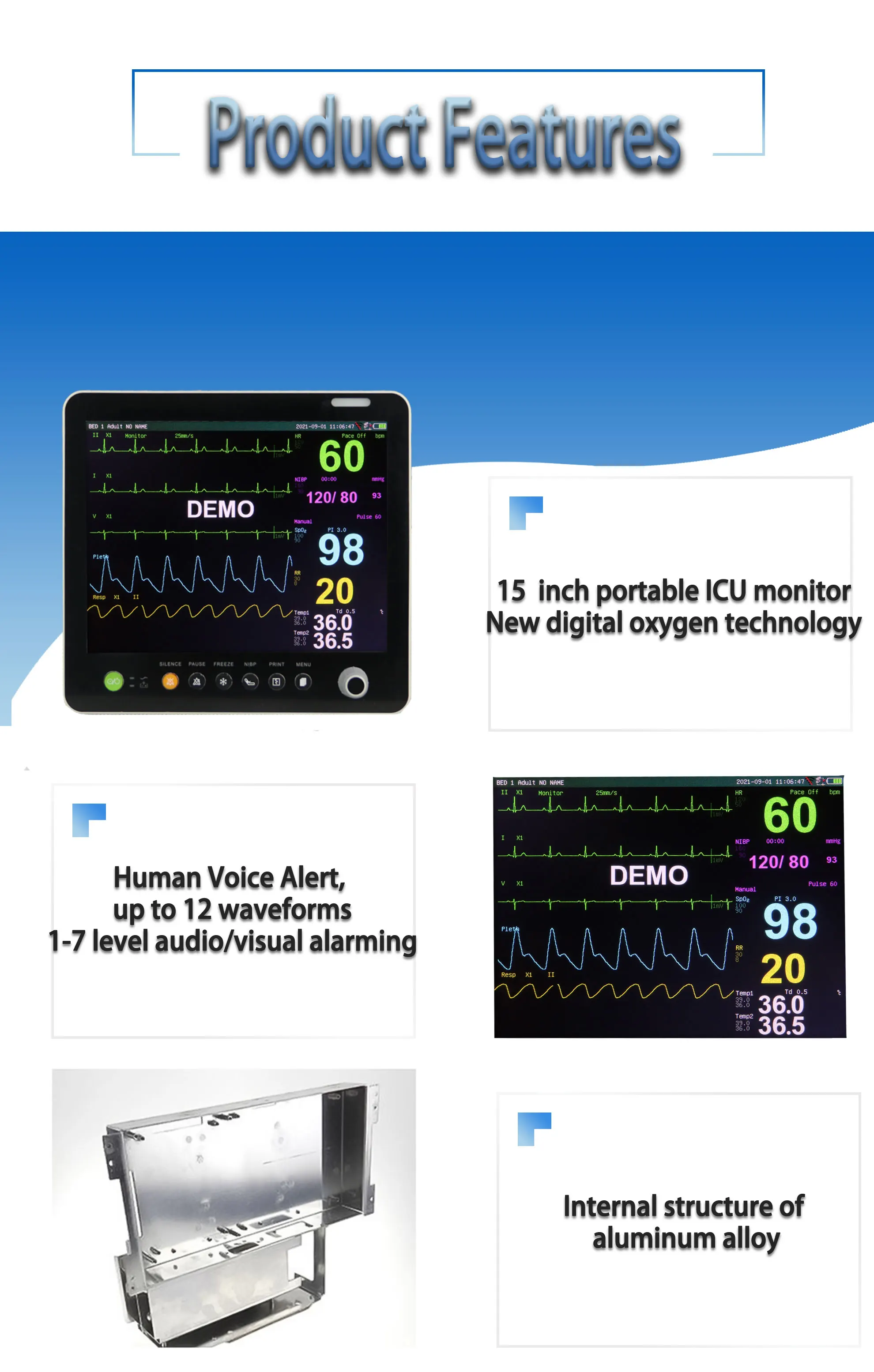 15 Inch Medical Vital Monitor 6 Parameter ICU Patient Monitor PM9000-GTE2 with 2 Years Warranty and Class III Certification