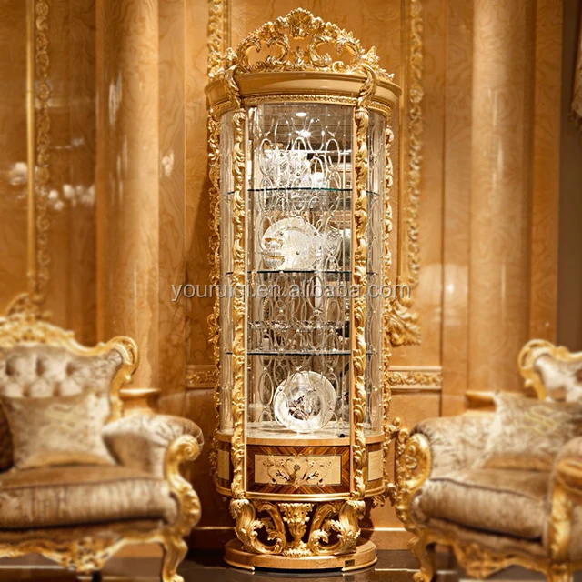 Grand Palace Living room furniture Gold Royal Hand Made Carved Wood Italian Classic style Antique Luxury Glass Cabinet Display