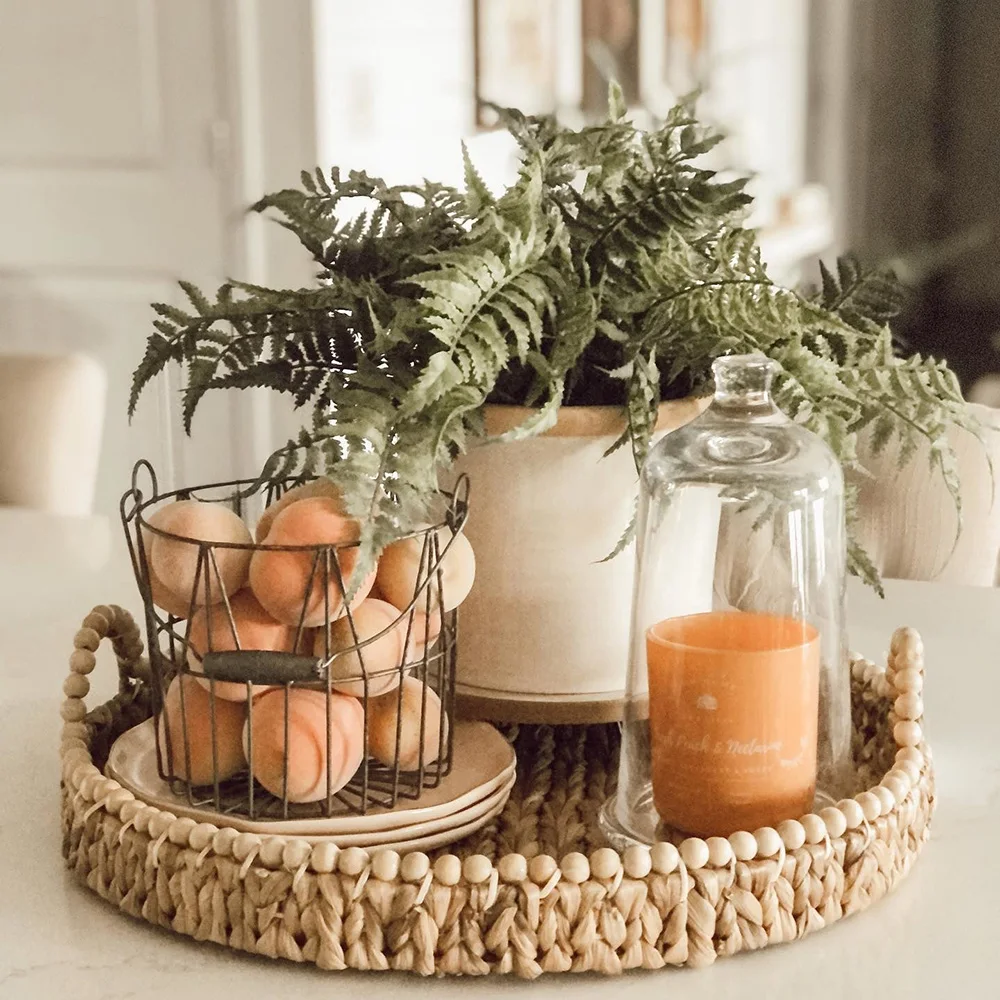Round Beaded Woven Water Hyacinth Basket Tray Coffee,Food/coffee